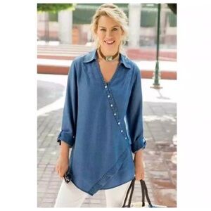 Soft Surroundings Asymmetrical Washed Tencel Tunic Top Denim Blue Womens Sz LG